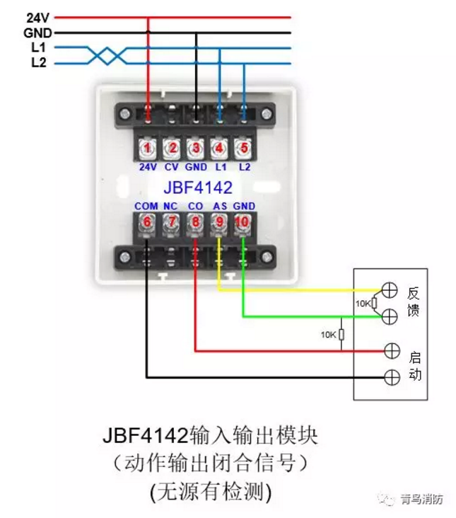 JBF4142輸入/輸出模塊動(dòng)作輸出閉合信號(hào)（無源有檢測）接線圖
